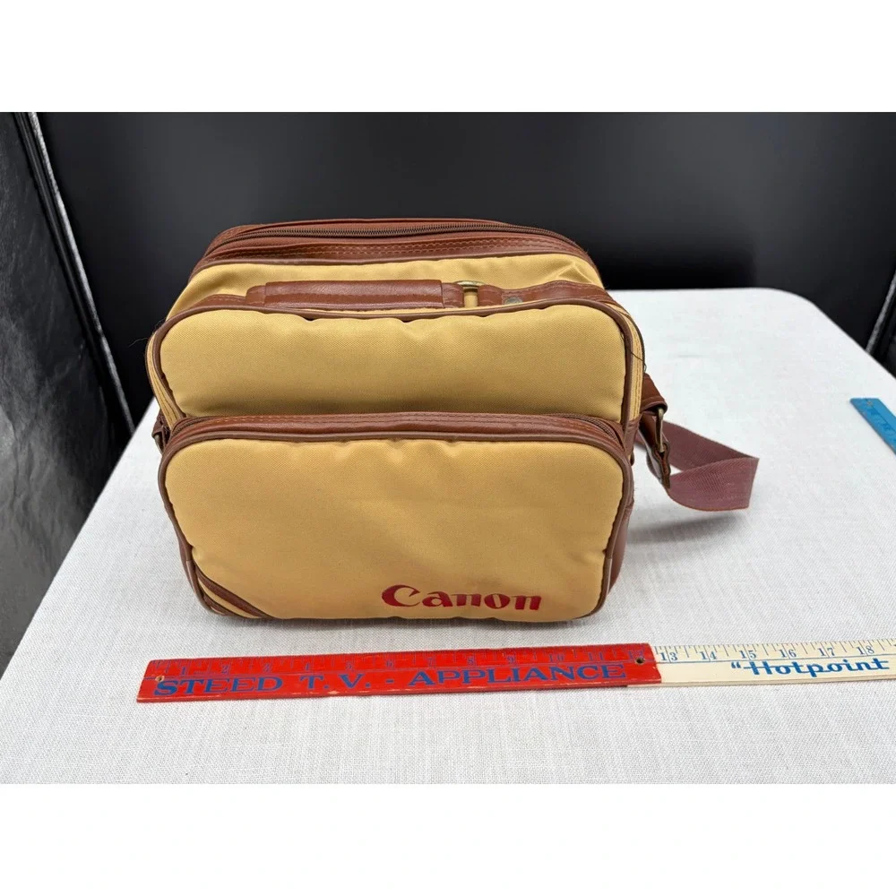 Canon Vintage Camera Bag Tan Brown Shoulder Strap Multi-Pocket Case
